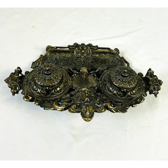 Vintage Antique Art Nouveau Brass Double Inkwell w/ Pen Tray & Ink Pots - Picture 4 of 7